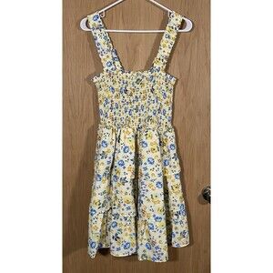A...Love Story Smocked Tiered Dress Yellow Ditzy Floral Stretch Easter Sz M NWT